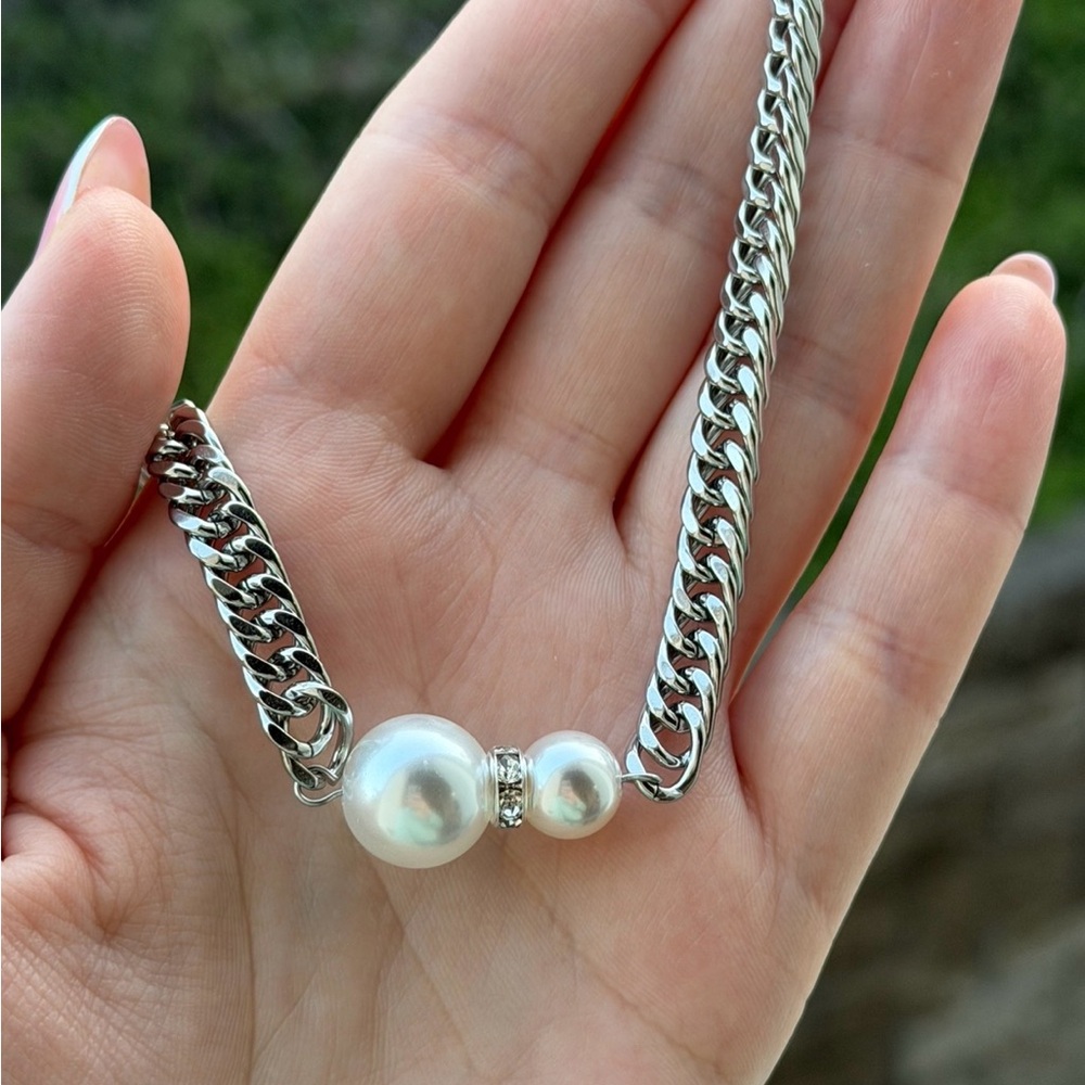Double Pearl Silver Chain Necklace - Picture 3 of 3